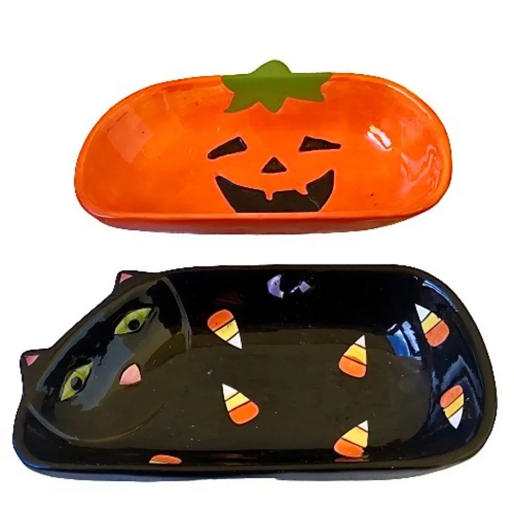 Halloween 🎃 Candy Dishes Tien Hsing Vintage Black Cat + Pumpkin 2 dishes